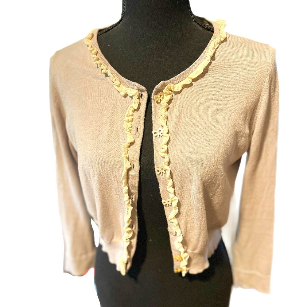 Agnes B lavendar ruffle bow-button cardigan